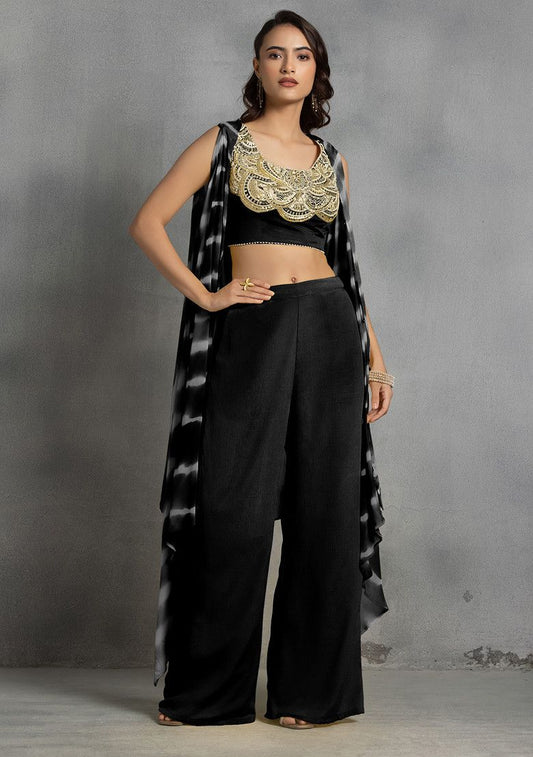 Black Tie Dye Cape Set With Mirror Sequin Hand Embroidered Blouse And Pants