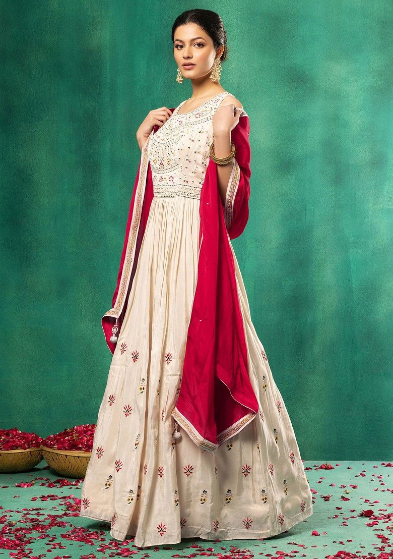 Ivory Multicolour Floral Mirror And Thread Embroidered Anarkali Gown With Dupatta