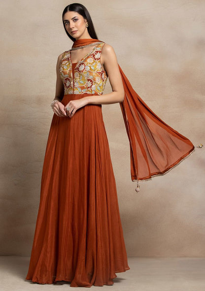 Rust Floral Sequin Embellished Anarkali With Dupatta