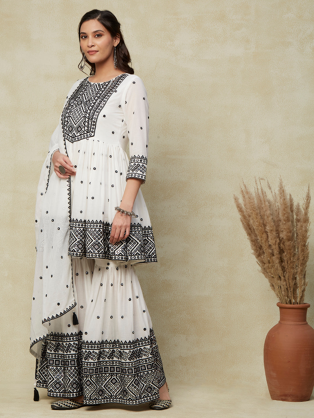 Solid Mirror & Resham Embroidered Gathered Short Mul-Cotton Kurta with Embroidered Sharara & Dupatta - White