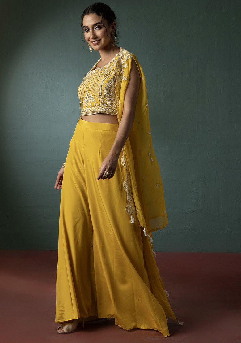 Yellow Sharara Set With Floral Thread Embroidered Blouse And Jacket