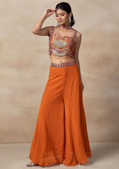 Orange Sharara Set With Mirror Embroidered Blouse And Dupatta