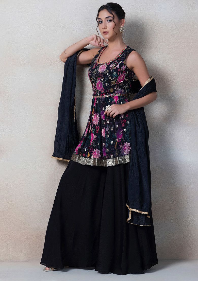 Black Floral Print Sharara Set With Sequin Embellished Short Kurta And Dupatta