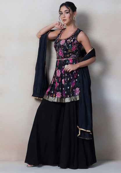 Black Floral Print Sharara Set With Sequin Embellished Short Kurta And Dupatta