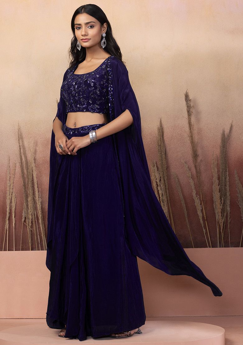 Indigo Blue Lehenga Set With Sequin Hand Work Blouse And Jacket