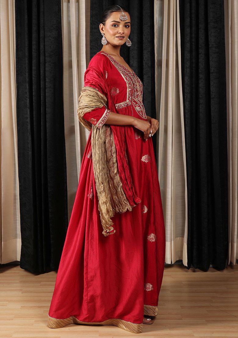 Red Zari And Zardozi Embroidered Silk Georgette Anarkali Set