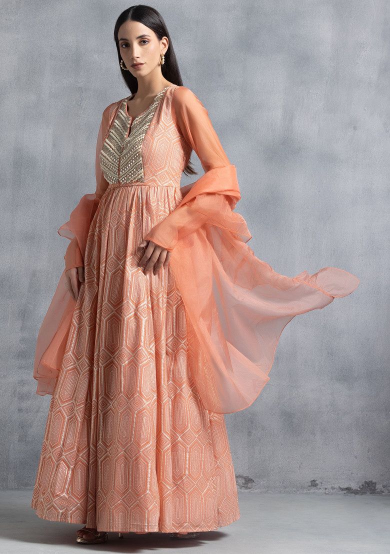 Dusty Pink Foil Grid Print Anarkali Gown With Organza Dupatta