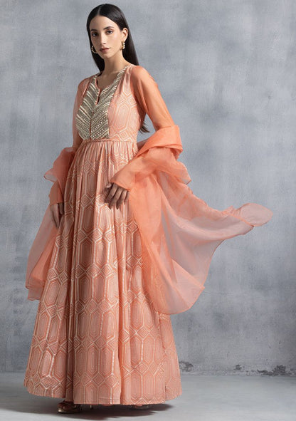 Dusty Pink Foil Grid Print Anarkali Gown With Organza Dupatta