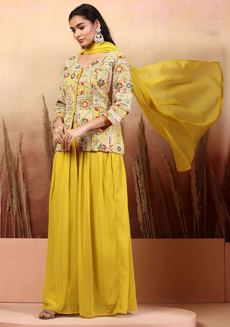 Yellow Floral Sequin Embellished Kurta Set With Palazzo And Dupatta