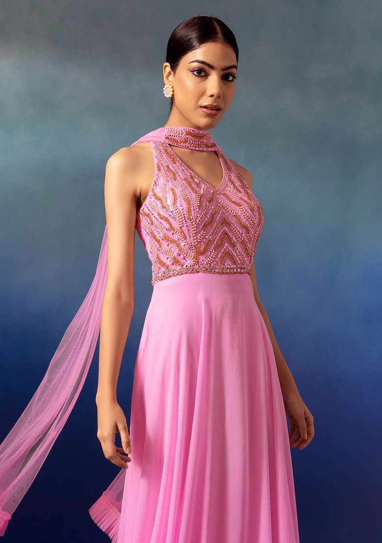 Light Pink Sequin And Bead Embellished Halter Anarkali Gown With Dupatta