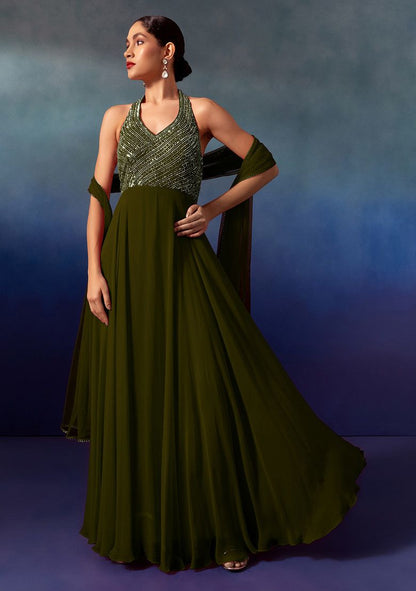 Olive Sequin And Bead Embellished Halter Anarkali Gown With Dupatta