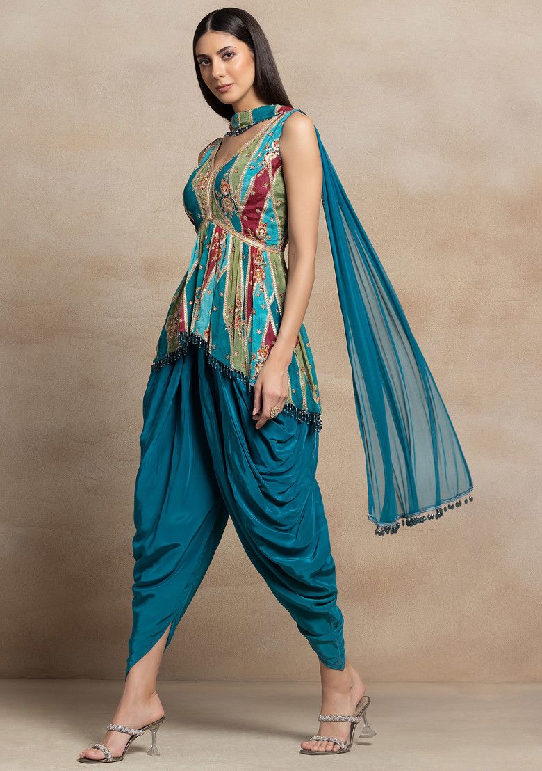 Teal Blue Zari Sequin Embellished Short Kurta Set With Dhoti Pants And Dupatta