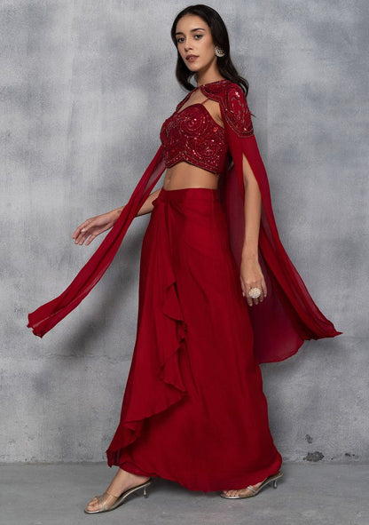 Red Embellished Cape Set With Sequin Cutdana Embellished Blouse And Skirt