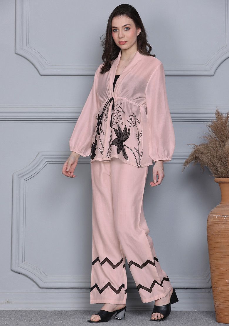 Light Pink Floral Escape Embroidered Silk Chanderi Wrap Top And Pants Set