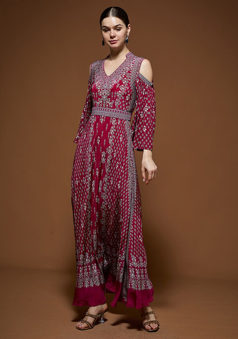 Fuchsia Rhinestones Embroidered Bemberg Crepe Gown