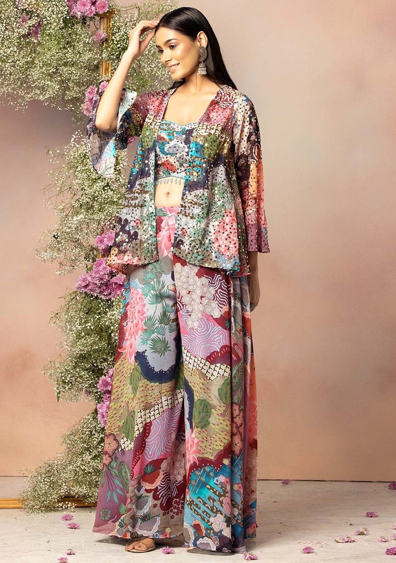 Multicolour Floral Print Sharara Set With Blouse And Jacket