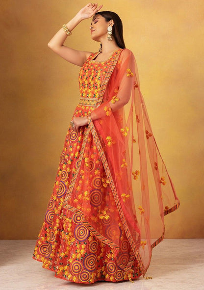 Orange Floral Thread Embroidered Organza Anarkali Gown With Dupatta