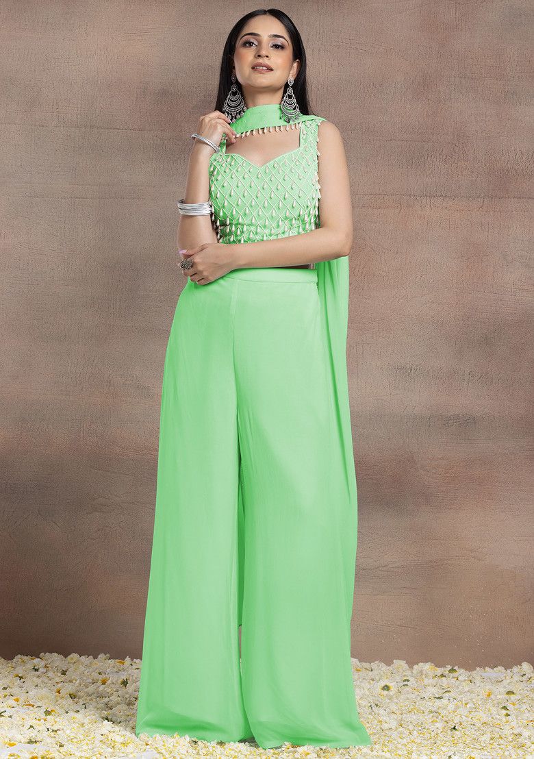 Green Palazzo Set With Pearl Hand Embroidered Blouse And Choker Dupatta