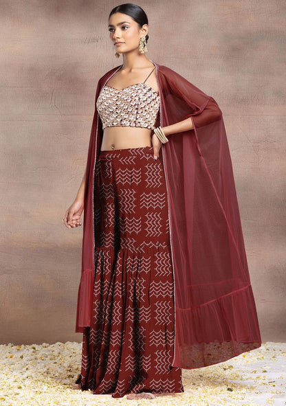 Maroon Sharara Set With Pearl Sequin Hand Embroidered Blouse And Mesh Jacket