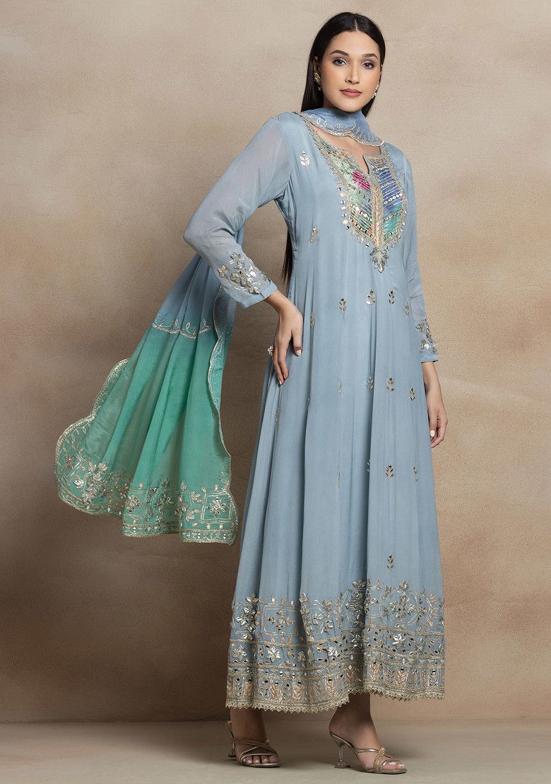 Grey Mirror And Gota Patti Embroidered Anarkali With Embroidered Dupatta