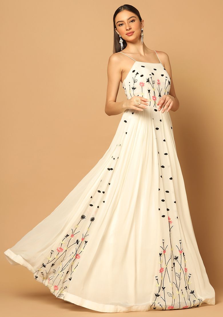 GYANS White Floral Embroidered Georgette Gown