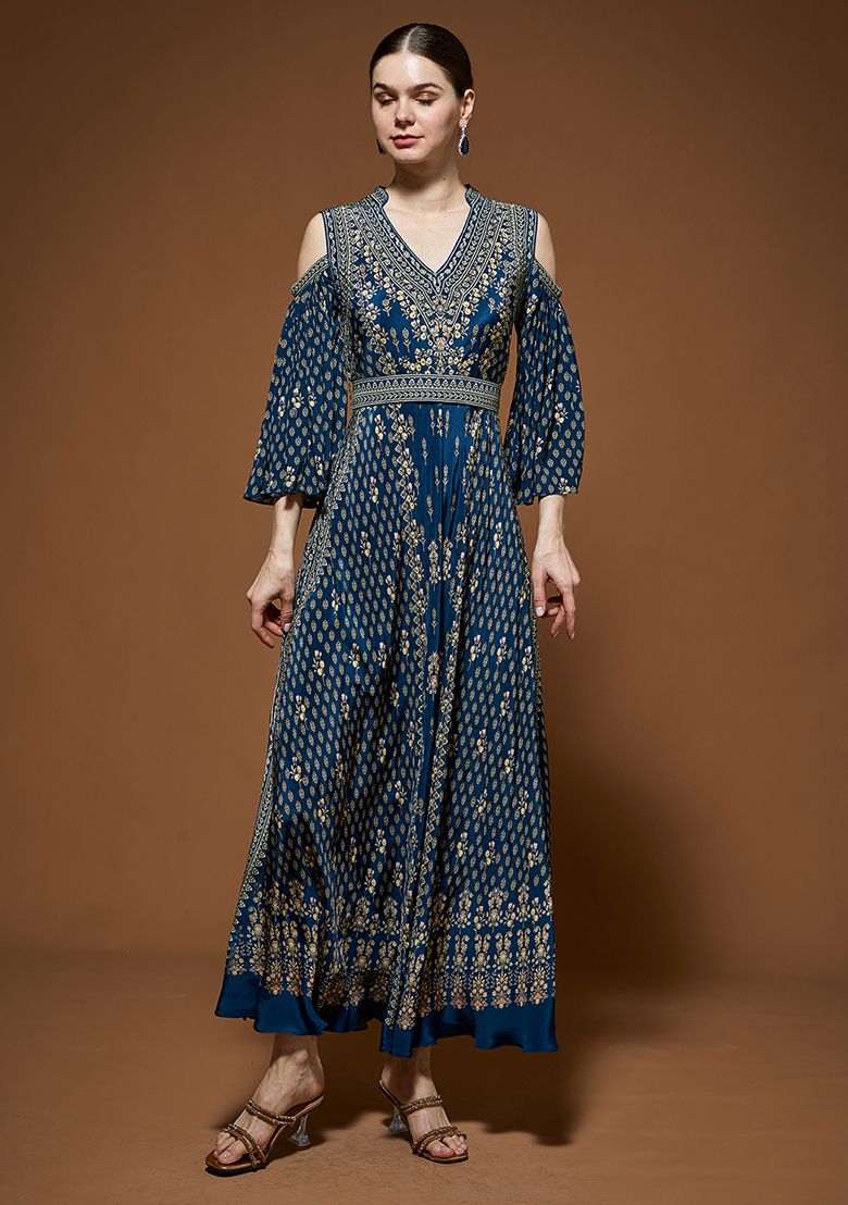 Blue Bemberg Crepe Rhinestones Embroidered Gown