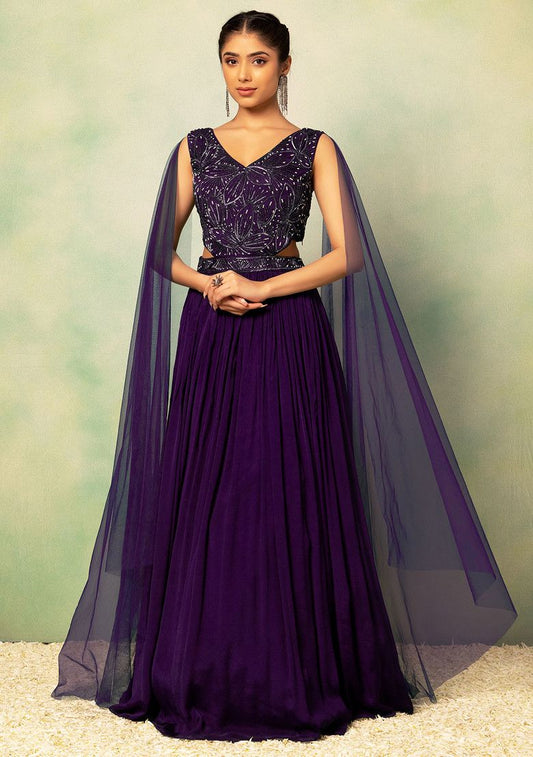 HAND EMBROIDERED Purple Pearl Embellished Side Cut Out Gown