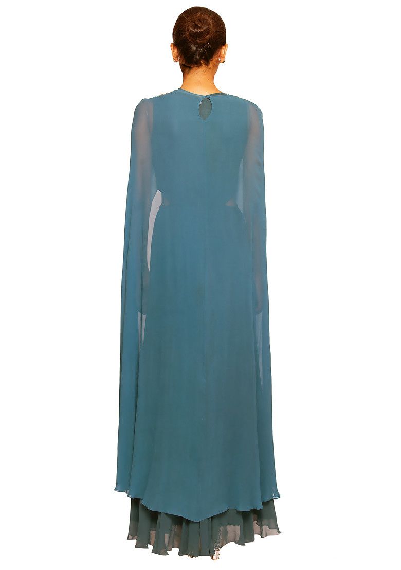 SALT AND SPRING Teal Asymmetric Gown With Cape