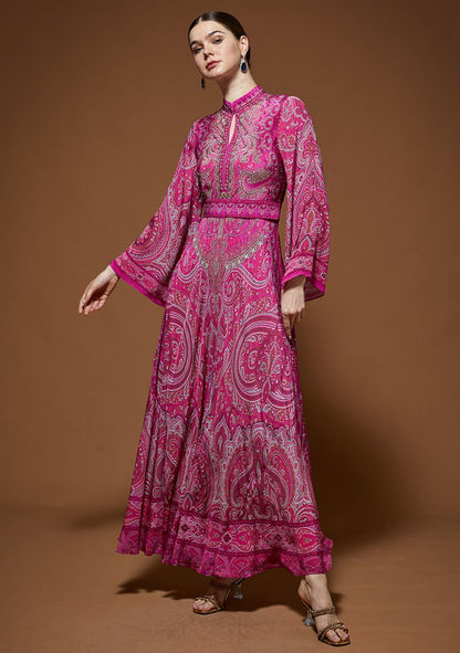 Fuchsia Printed Rhinestones Work Bemberg Crepe Gown