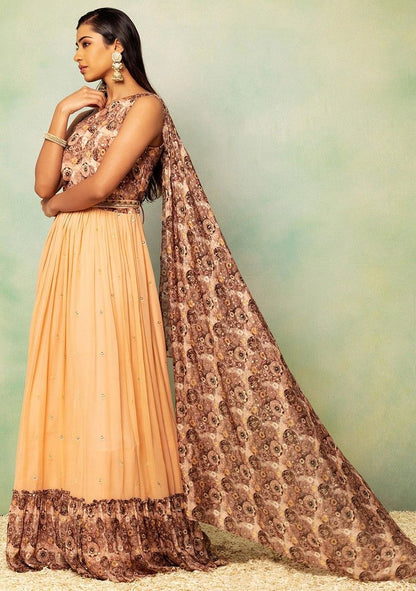 Peach Floral Abstract Print Anarkali Gown With Attached Dupatta And Belt