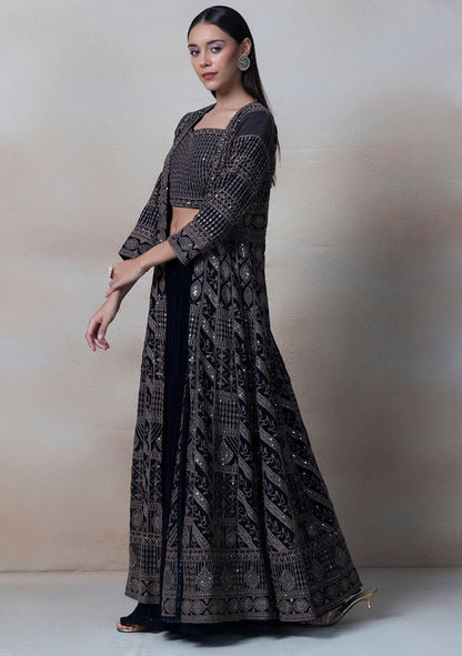 Black Lehenga Set With Zari Embroidered Blouse And Embroidered Jacket