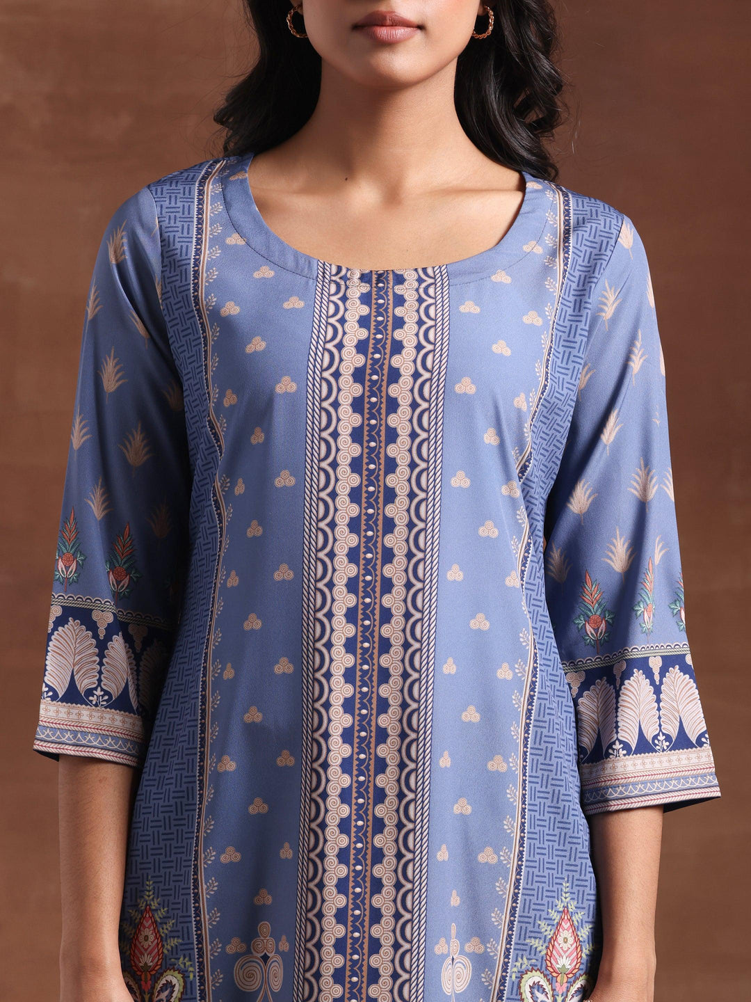 Blue Printed Crepe Straight Kurta Set