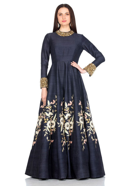 SALT AND SPRING Navy Blue Bouquet Embroidered Anarkali Gown