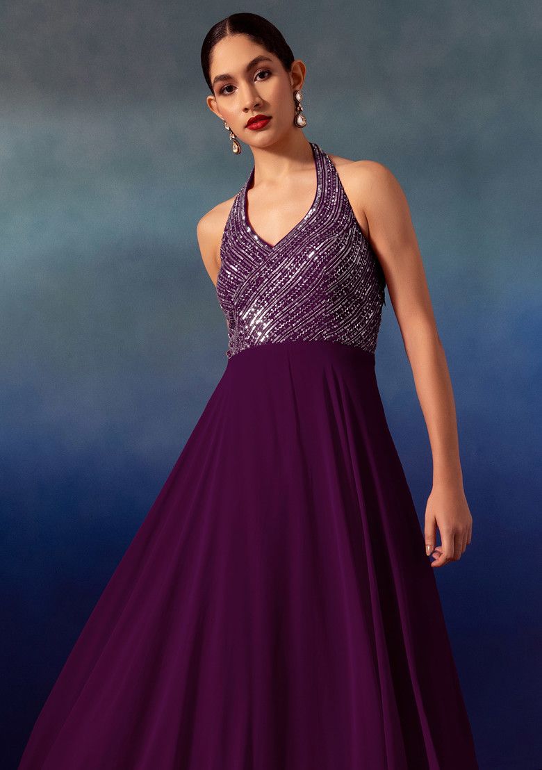 Purple Sequin And Bead Embellished Halter Anarkali Gown With Dupatta