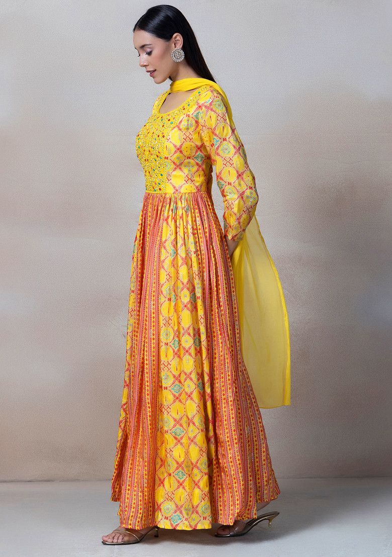 Yellow Mirror Embellished Anarkali Kurta With Chiffon Dupatta