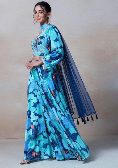 Blue Floral Print Sharara Set With Sequin Embroidered Blouse And Dupatta