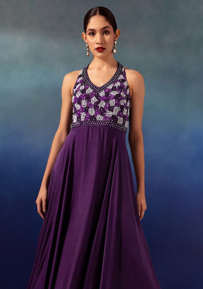 Purple Sequin Hand Embroidered Satin Gown