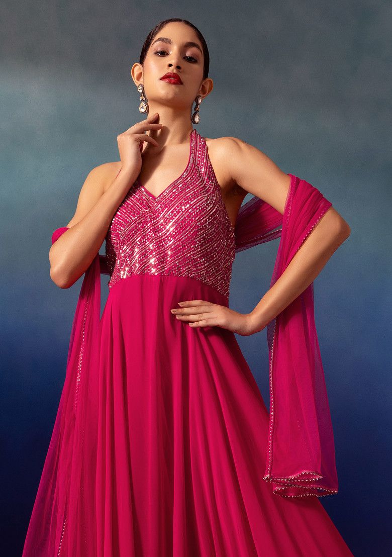 Hot Pink Sequin And Bead Embellished Halter Anarkali Gown With Dupatta