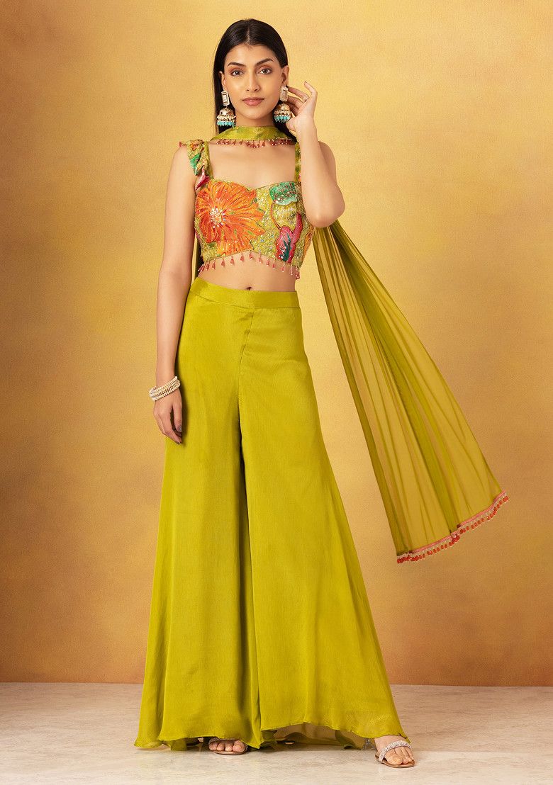 Lime Green Sharara Set With Multicolour Floral Print Blouse And Choker Dupatta