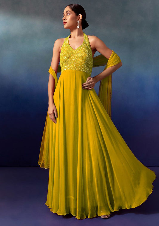 Yellow Sequin And Bead Embellished Halter Anarkali Gown With Dupatta