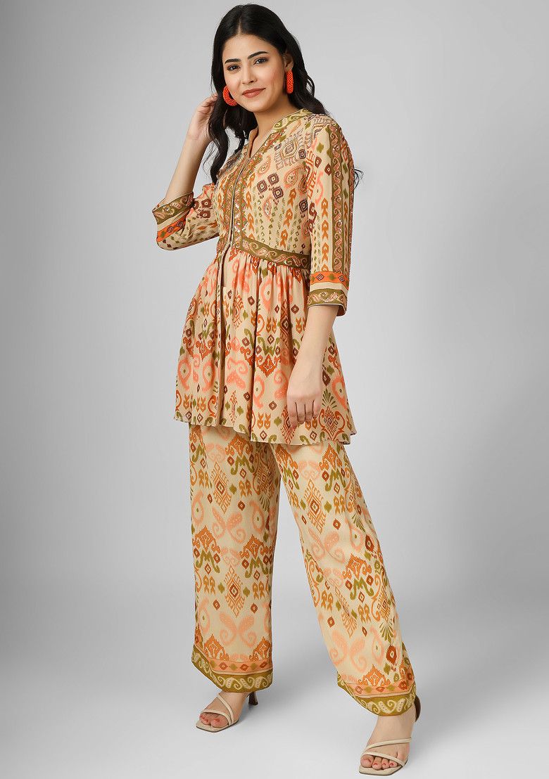 Beige Hand Embroidered Silk Georgette Co-Ord Set