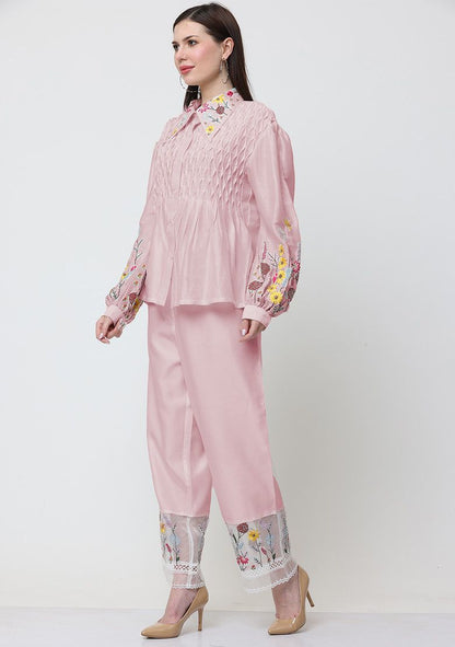 Light Pink Floral Escape Embroidered Chanderi Shirt Set