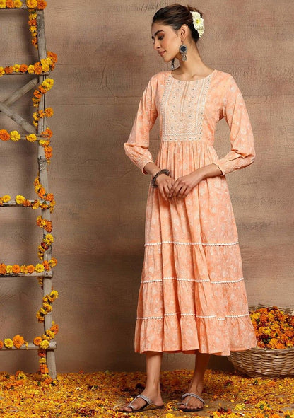 Peach Floral Print Cotton Tiered Maxi Dress