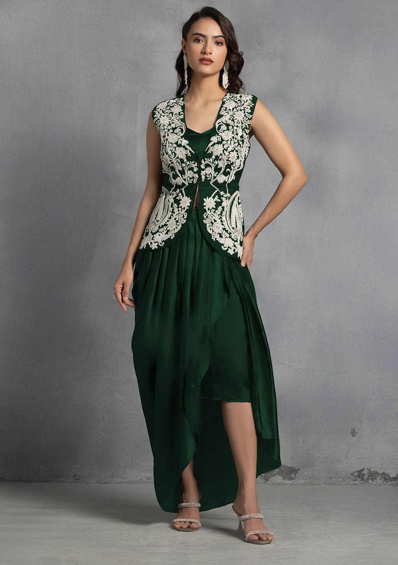 Deep Green Floral Hand Embroidered Jacket Set With Satin Blouse And Dhoti Skirt