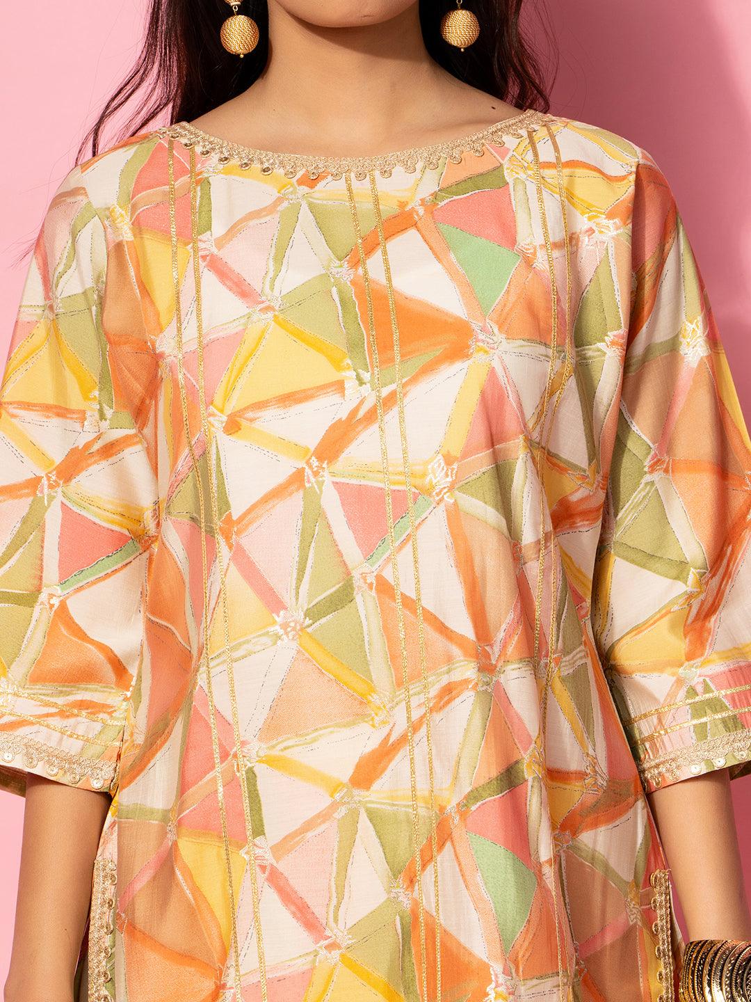 Peach Printed Silk Blend Co-Ords