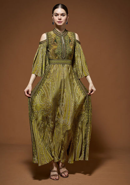 Olive Green Rhinestones Embroidered Bemberg Crepe Gown