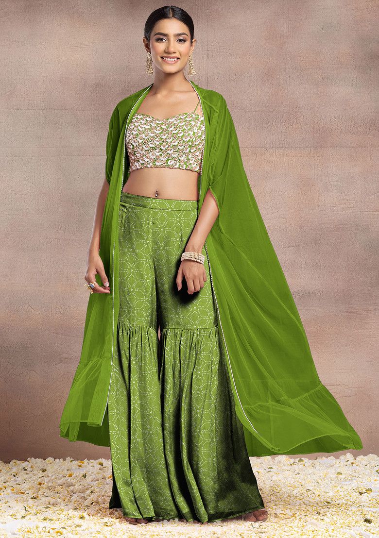 Green Sharara Set With Pearl Sequin Hand Embroidered Blouse And Mesh Jacket