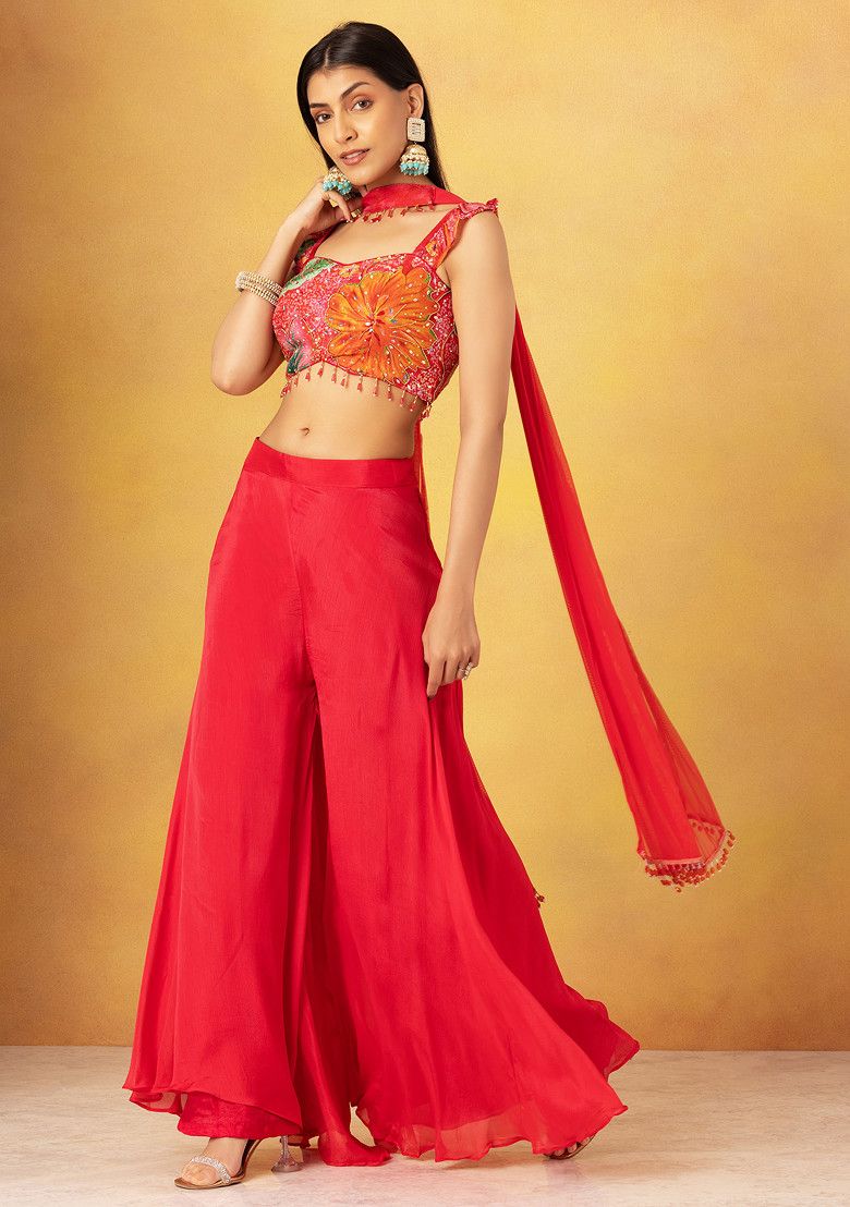 Hot Pink Sharara Set With Multicolour Floral Print Blouse And Choker Dupatta