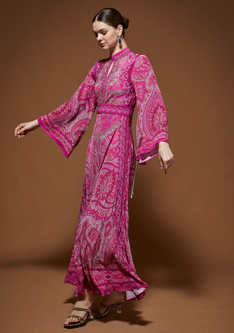 Fuchsia Printed Rhinestones Work Bemberg Crepe Gown