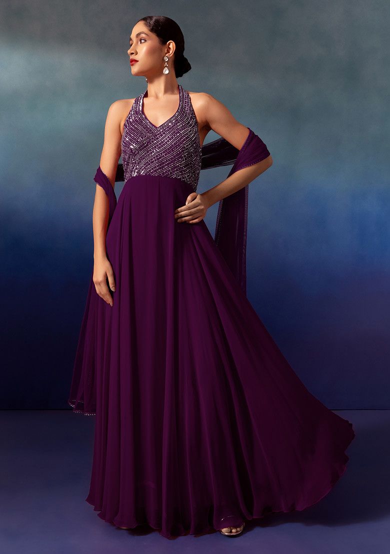 Purple Sequin And Bead Embellished Halter Anarkali Gown With Dupatta